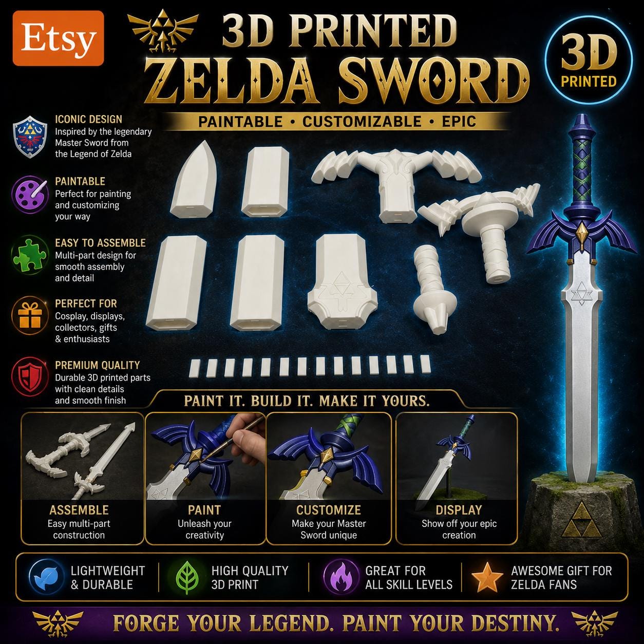 Zelda Sword DIY Kit: 3D Printed PLA, Paintable Fan Art