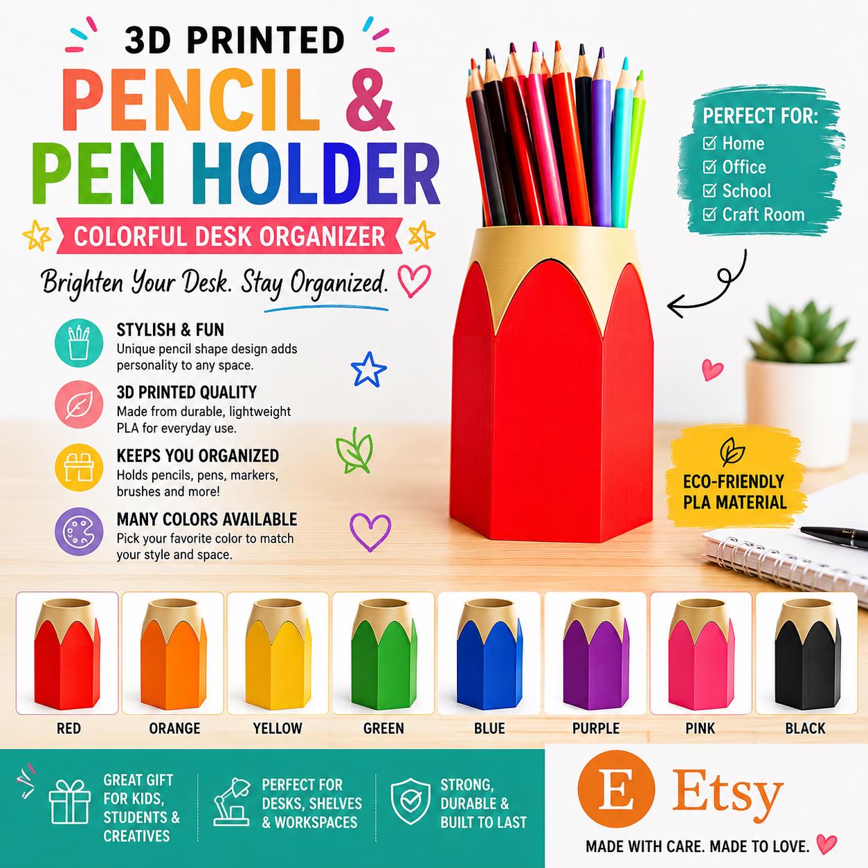3D Printed Pencil Pen Holder: Colorful Desk Organizer