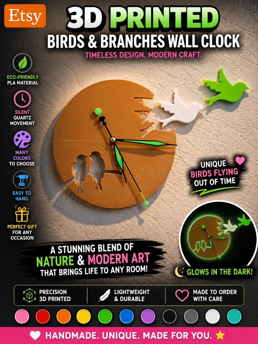 3D Printed Love Birds Clock: Kitchen Decor, Color Choice Available