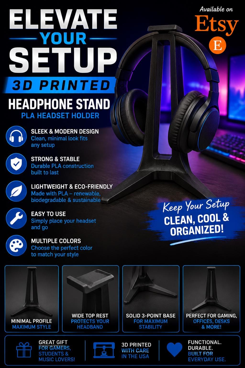 3D Printed Headphone Stand – PLA Headset & VR Holder
