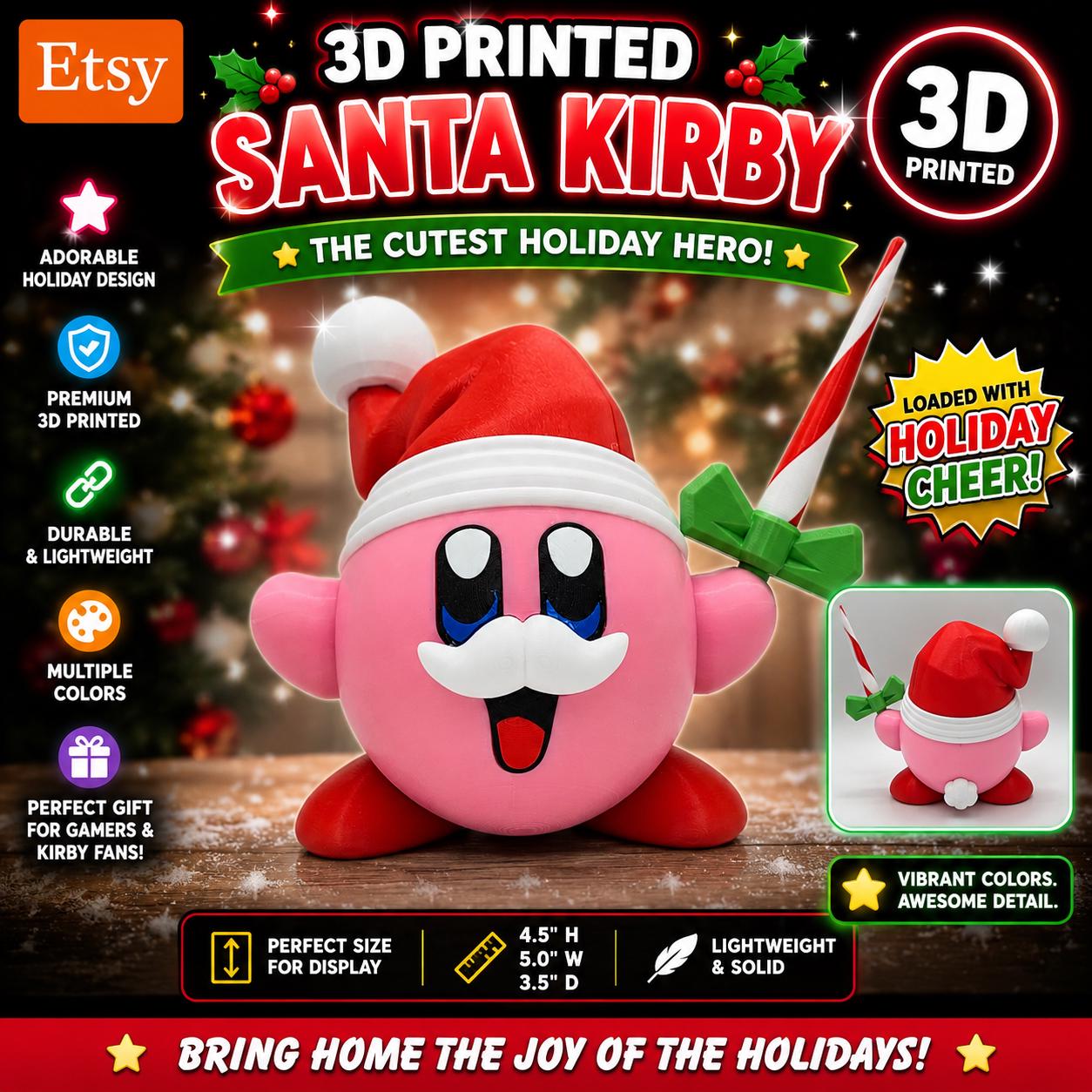 3D Printed Santa Kirby Figure - Nintendo Holiday Decor