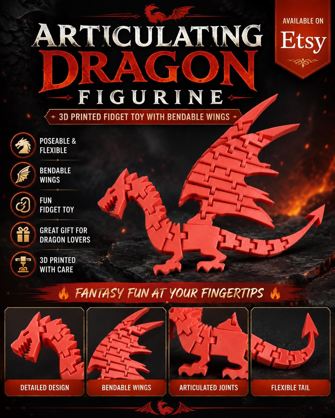 Articulating Dragon Figurine: 3D Printed Fidget Toy with Bendable Wings