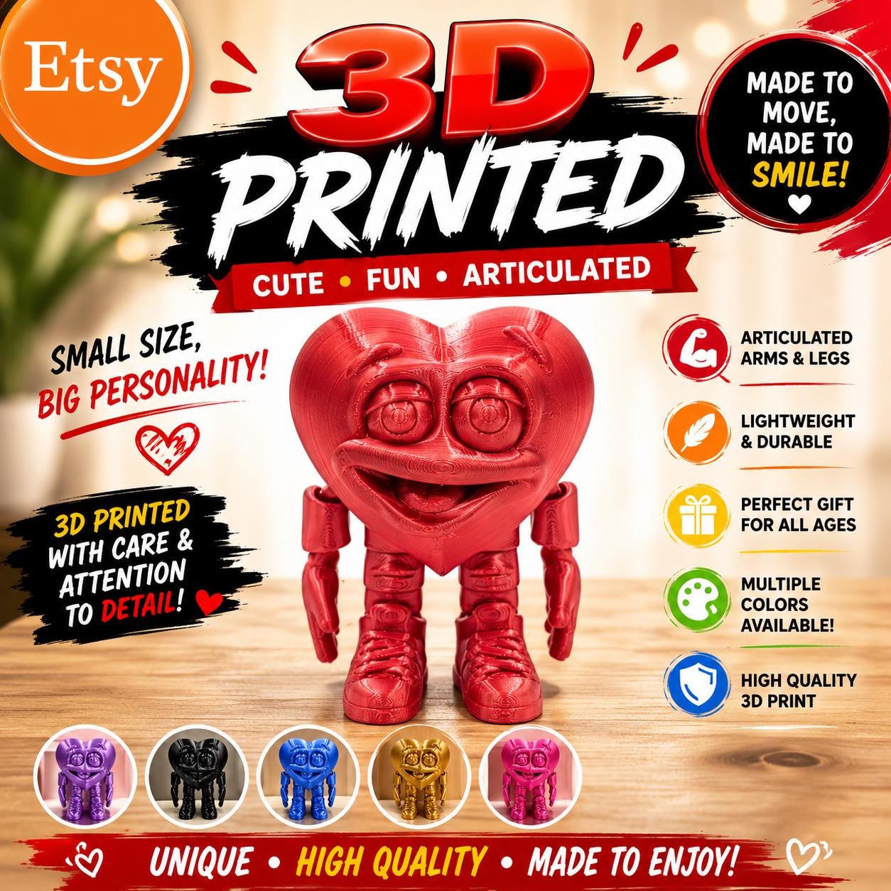 3D Printed Articulated Heart Guy: Flexi Desk Toy