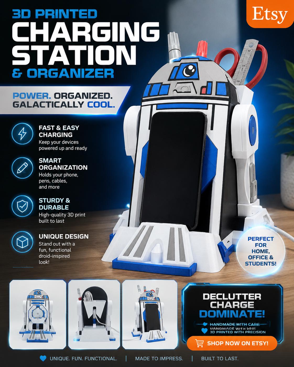 R2-D2 Wireless Charging Dock & Desk Organizer – 3D Printed Star Wars Inspired Dock