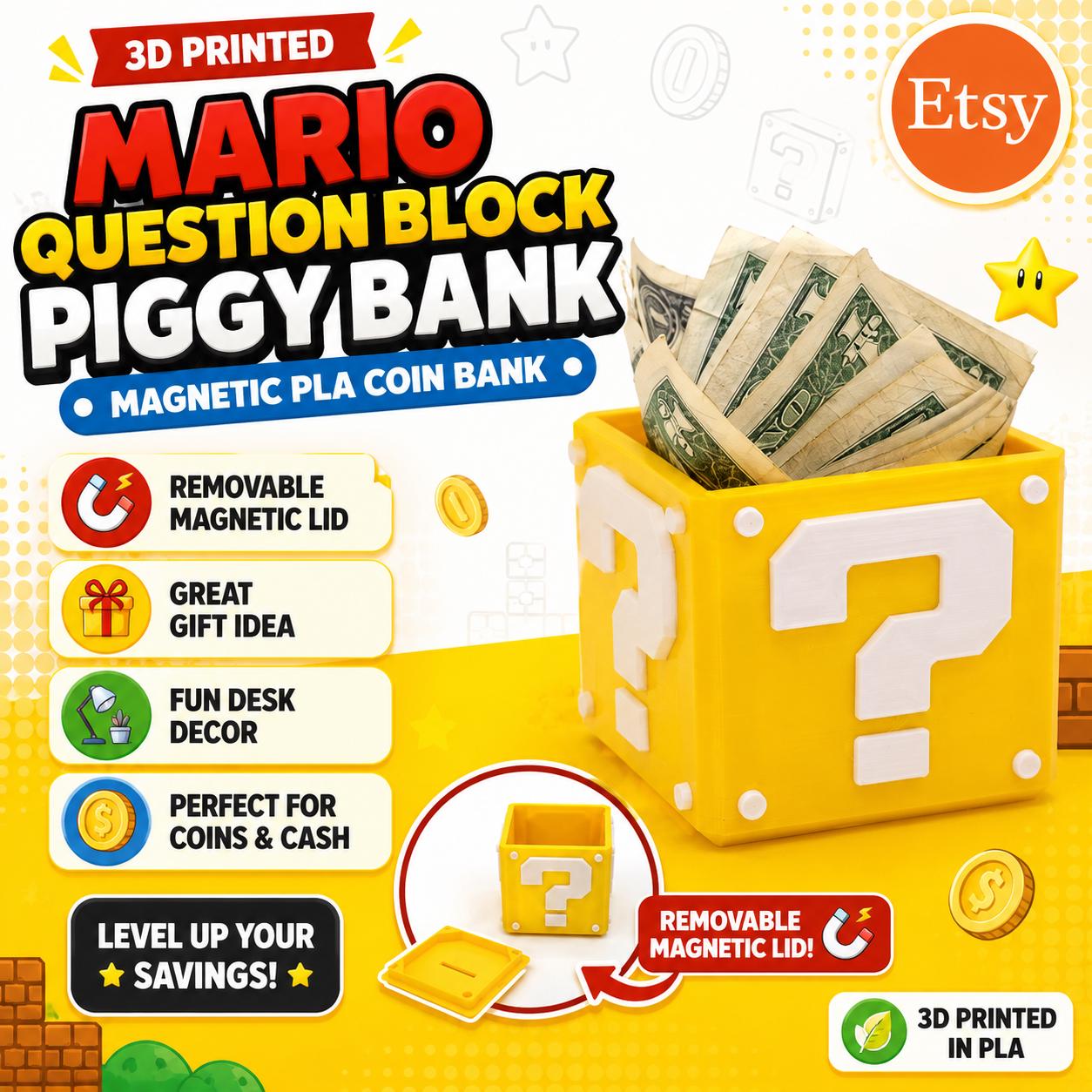 Mario Question Block Piggy Bank: 3D Printed Magnetic PLA Coin Bank