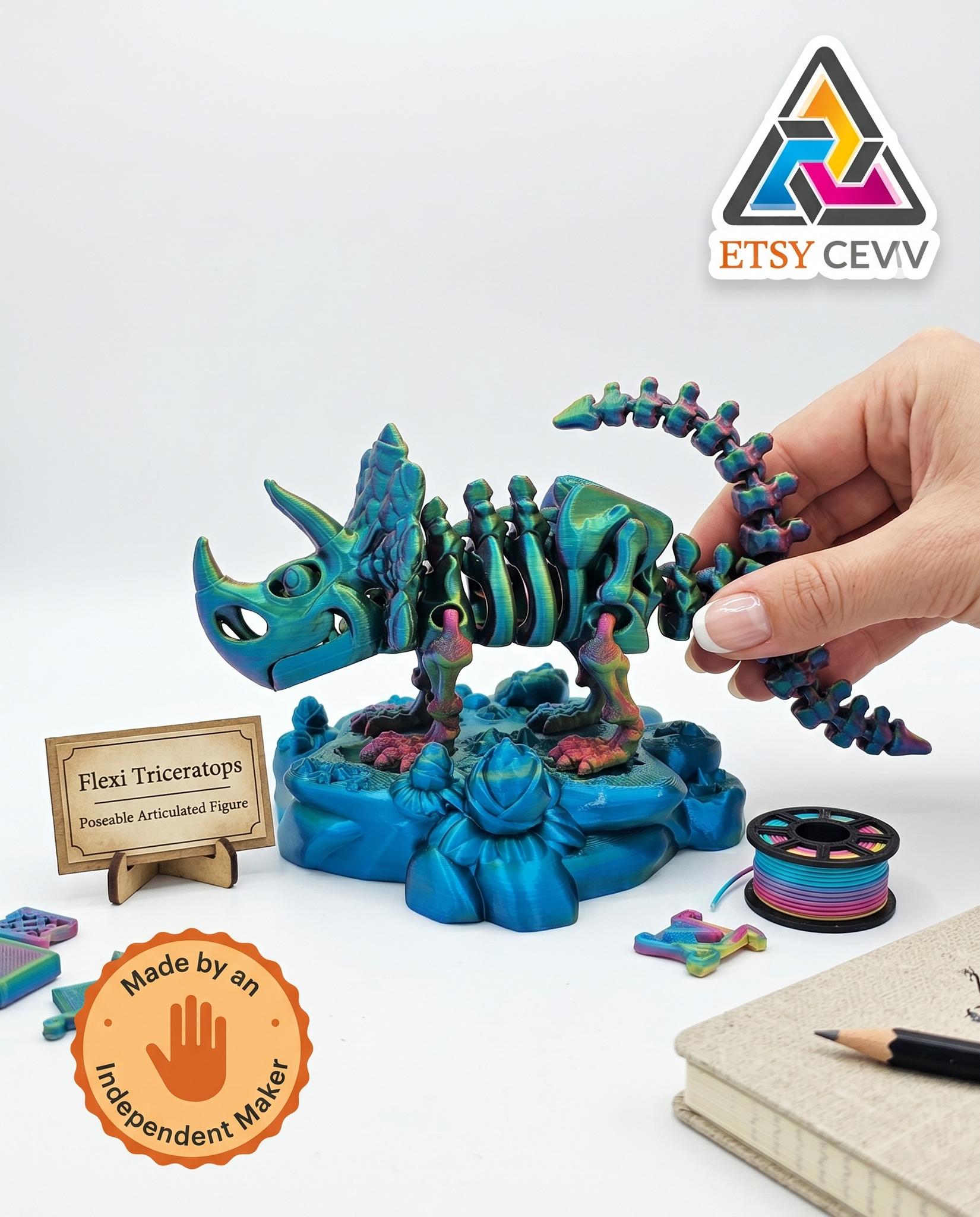 3D Printed Flexi Triceratops with Stand – Dinosaur Decor
