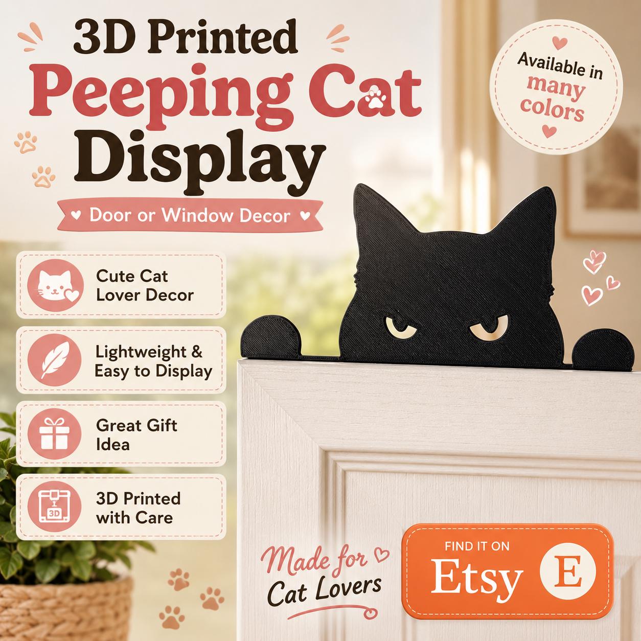 3D Printed Peeping Cat Display: Door or Window Decor