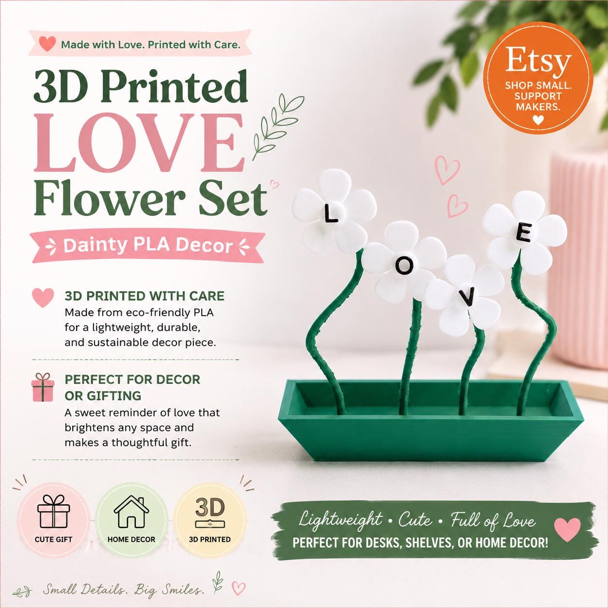 LOVE Flower Set: Dainty 3D Printed PLA Decor