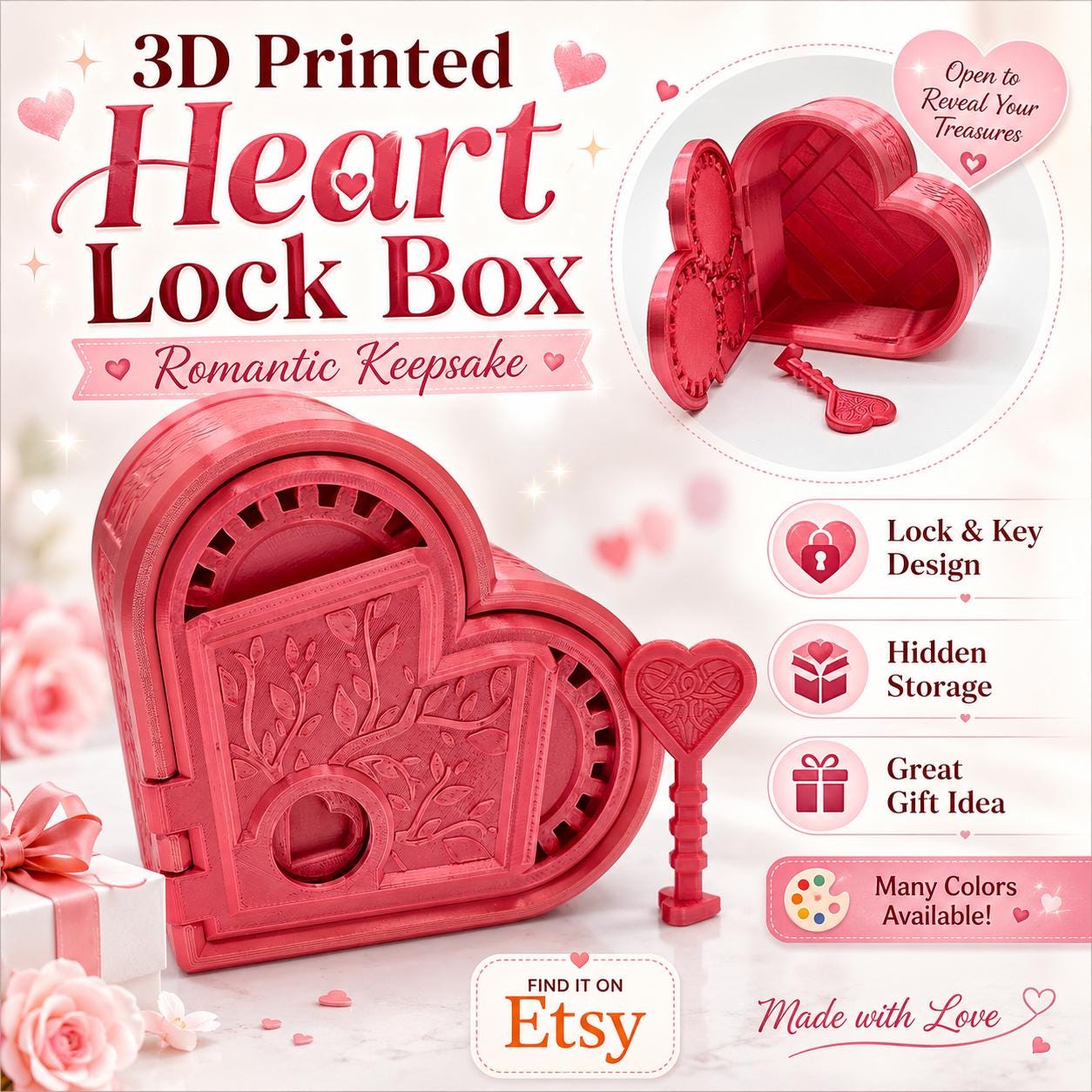 3D Printed Heart Lock Box: Romantic Keepsake, Many Colors