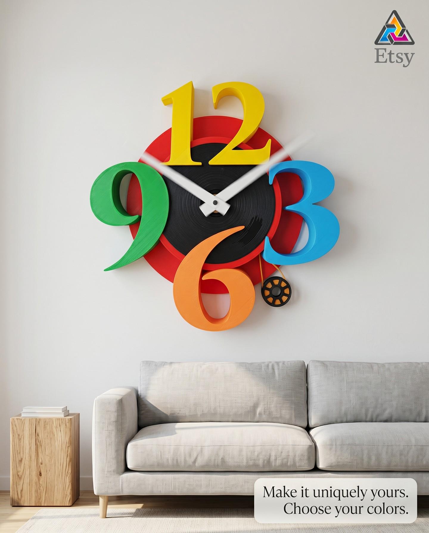 3D Printed Big Number Wall Clock: Colorful Modern Decor