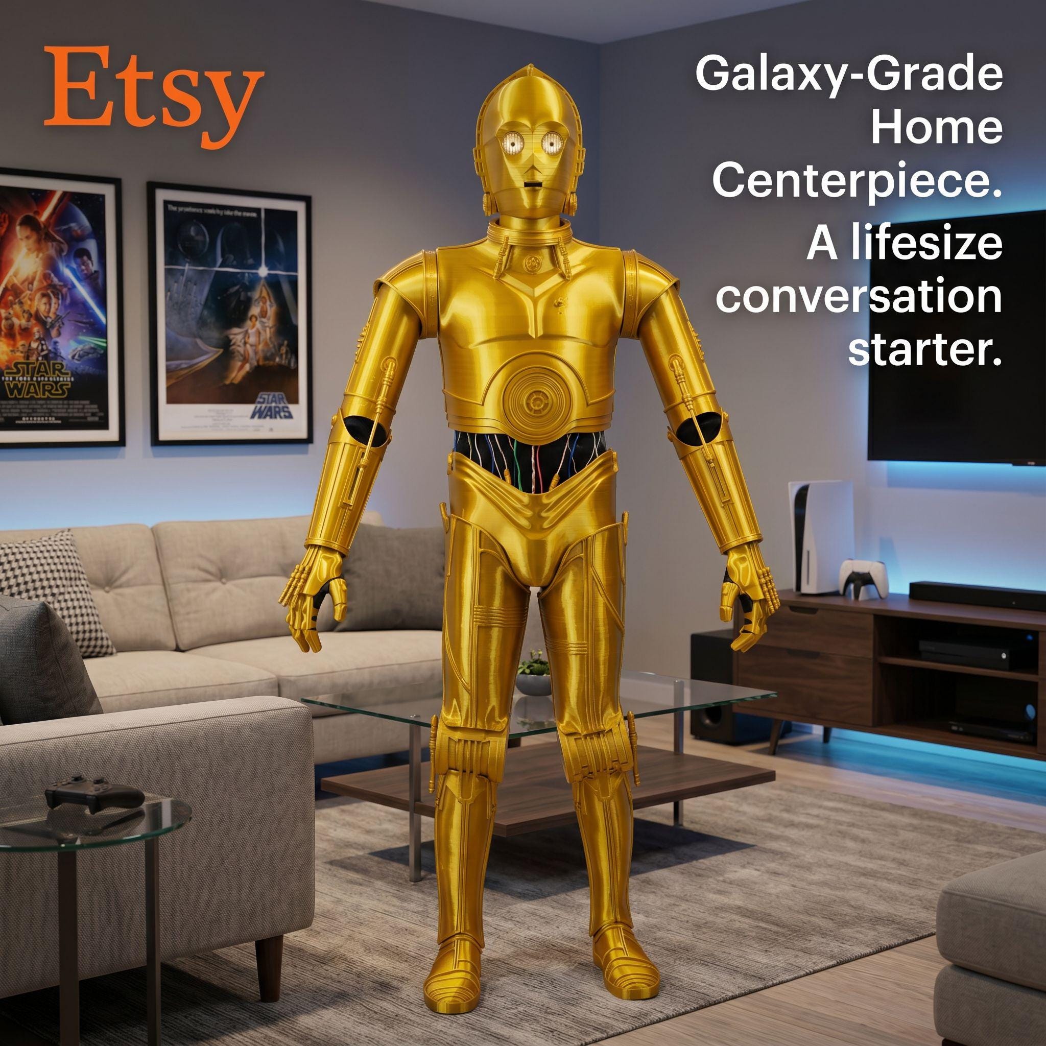 Life Size C-3PO Droid, 6-Foot 3D Printed Sci-Fi Robot