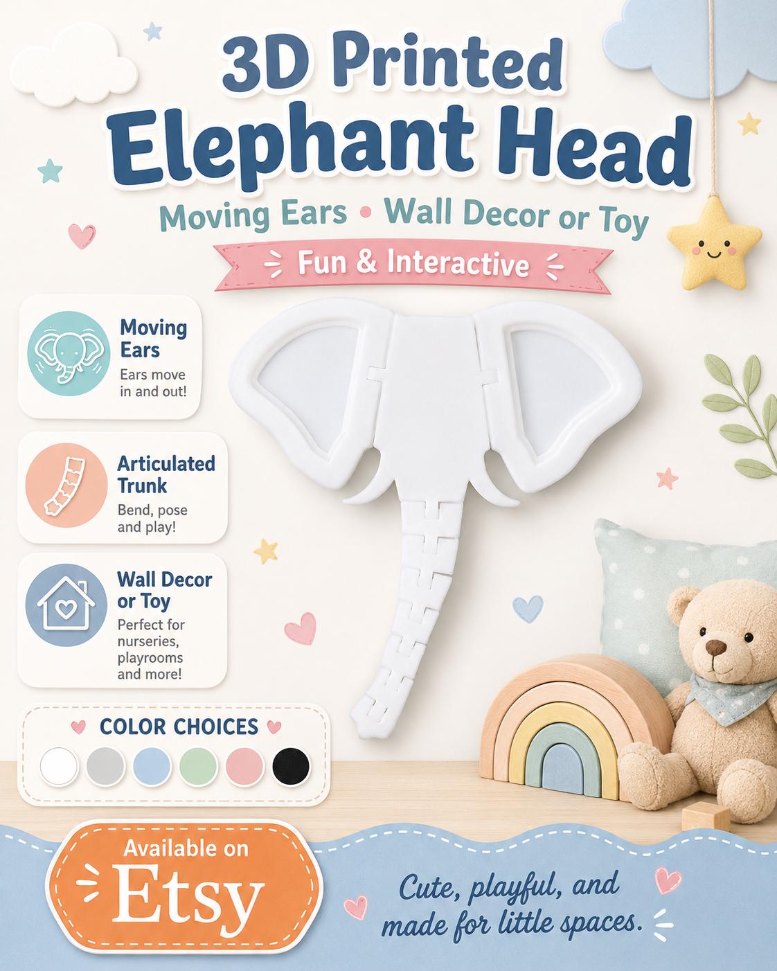 3D Printed Elephant Head with Moving Ears: Wall Decor or Toy