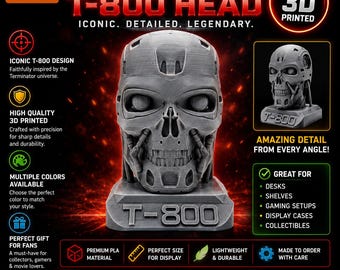 Figura de cabeza de Terminator T-800 impresa en 3D: Decoración para fans