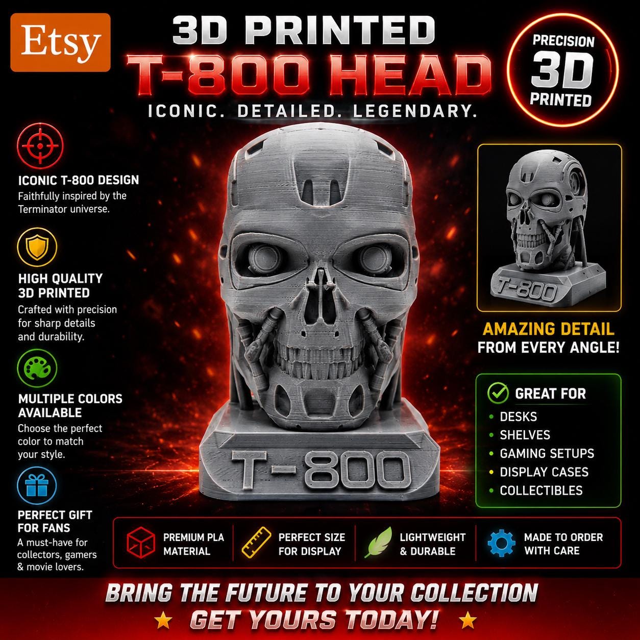 3D Printed Terminator T-800 Head Figurine: Fan Art Decor