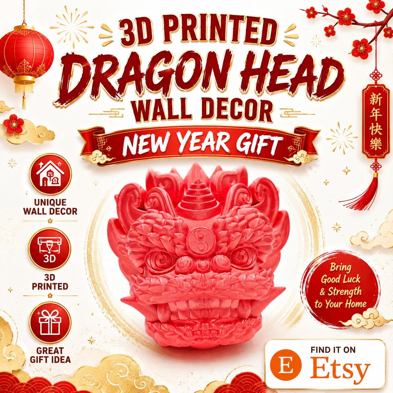 3D Printed Dragon Head Wall Decor: New Year Gift