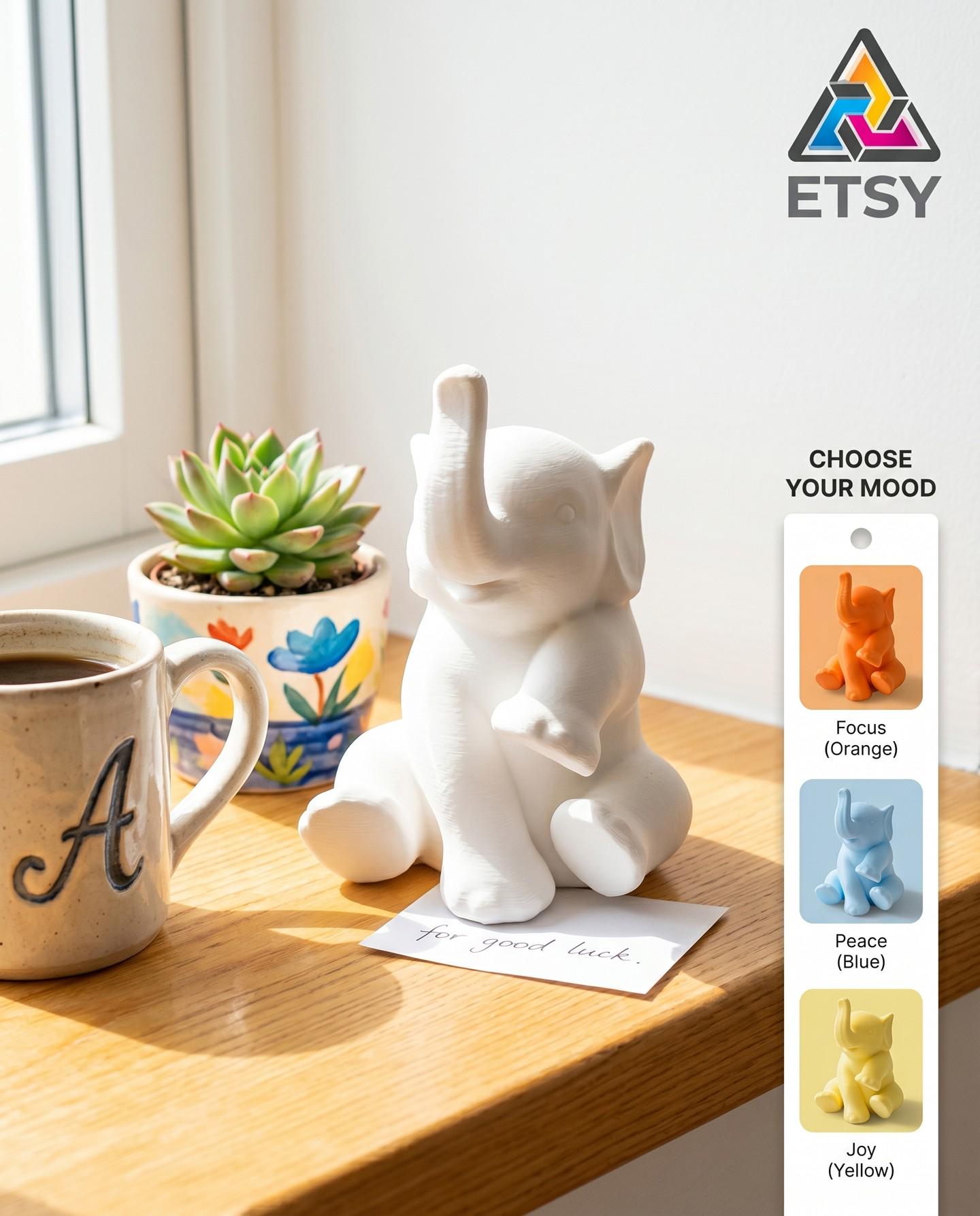 3D Printed Elephant Figurine: Good Luck Decor, Choose Your Color