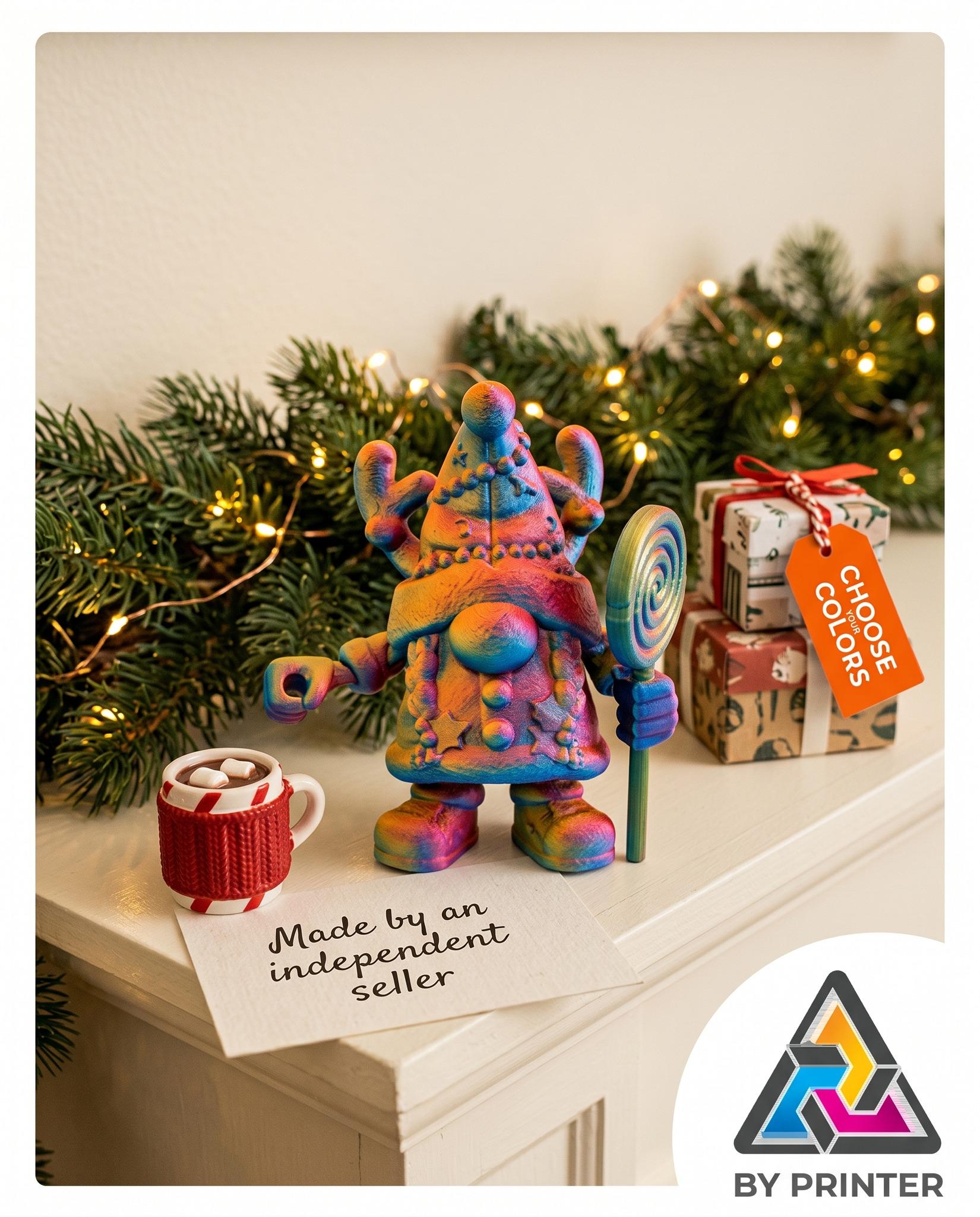 3D Printed Christmas Gnome with Lollipop - Customizable Colors