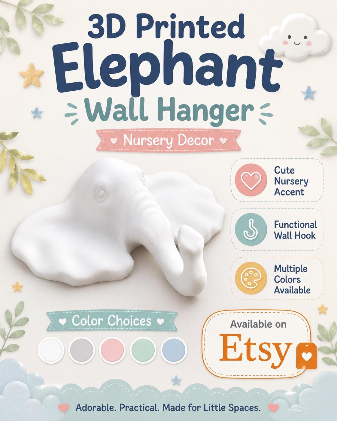 3D Printed Elephant Wall Hanger: Nursery Decor, Color Choices
