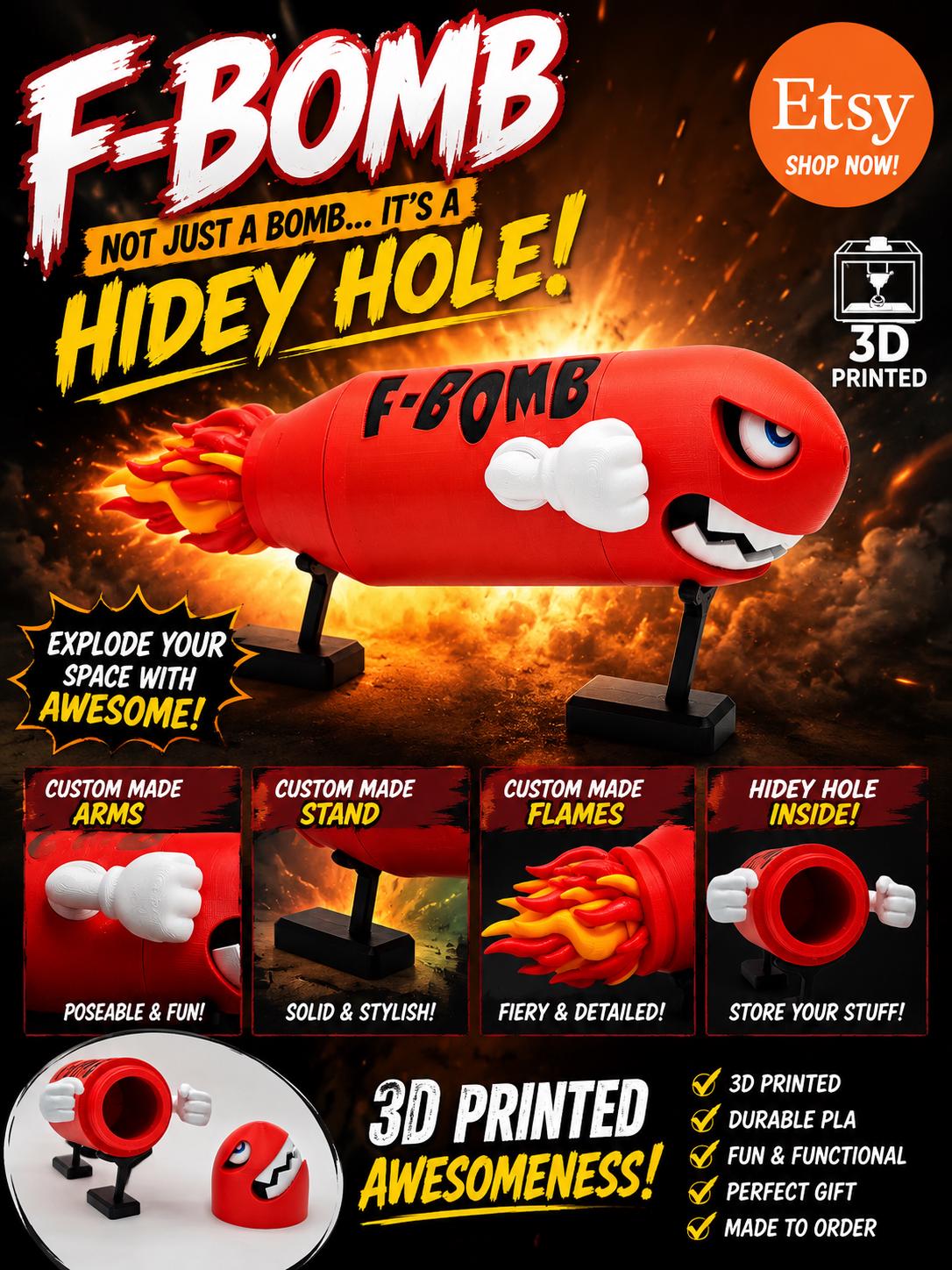 F-Bomb Hidey Hole – 3D Printed Custom Fan Art Collectible – Custom Arms, Stand & Flames – Bullet Bill Inspired Storage Display –Gaming Decor