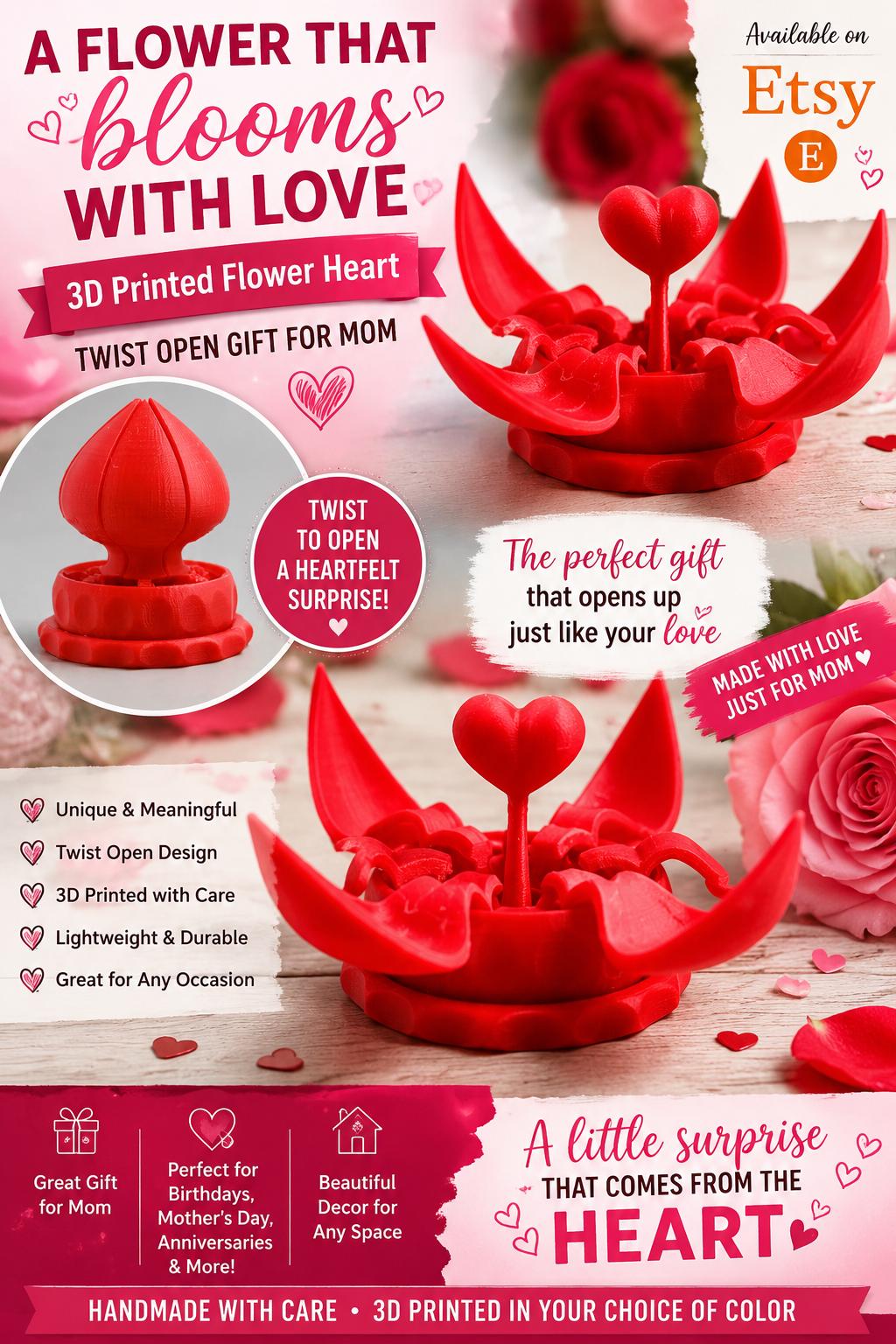 3D Printed Flower Heart: Twisting Open Gift for Mom