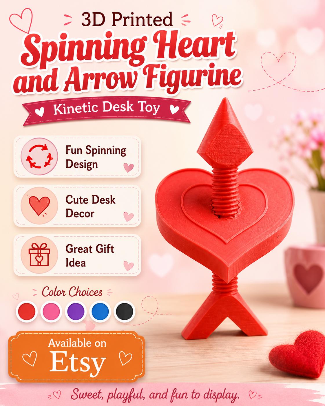 3D Printed Spinning Heart and Arrow Figurine: Kinetic Desk Toy