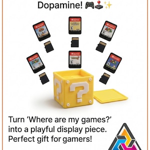 May include: A yellow question mark block with a lid, surrounded by video game cartridges and SD cards. The text reads "Nostalgia Meets Organization Dopamine!" and "Turn 'Where are my games?' into a playful display piece."