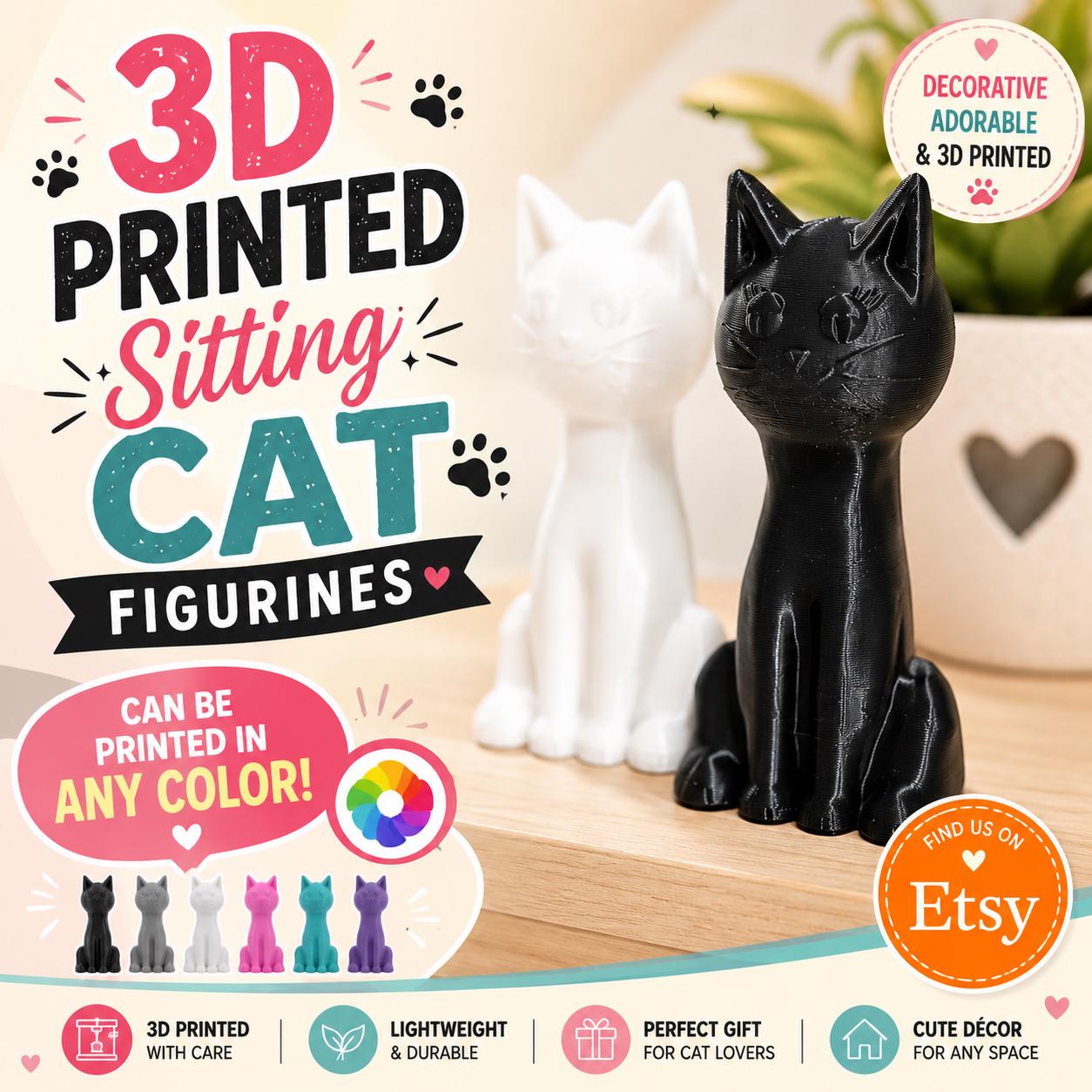 3D Printed Sitting Cat Figurine: Big Headed PLA Decor (Set of 2)