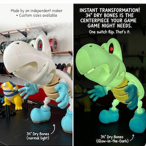 May include: A 34-inch Dry Bones figure, shown in normal and glow-in-the-dark modes. The figure is white with blue accents and red eyes. The text reads "Instant Transformation! 34" Dry Bones is the centerpiece your game night needs."