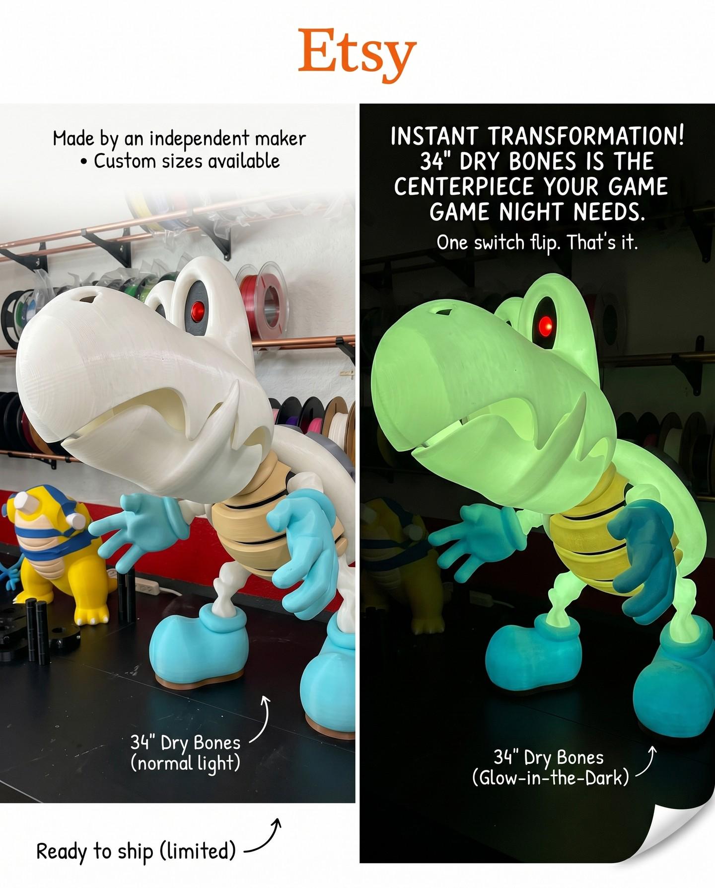 Dry Bones - 3D Printed - 34" Tall - Glows in the Dark - Custom Sizes Available!