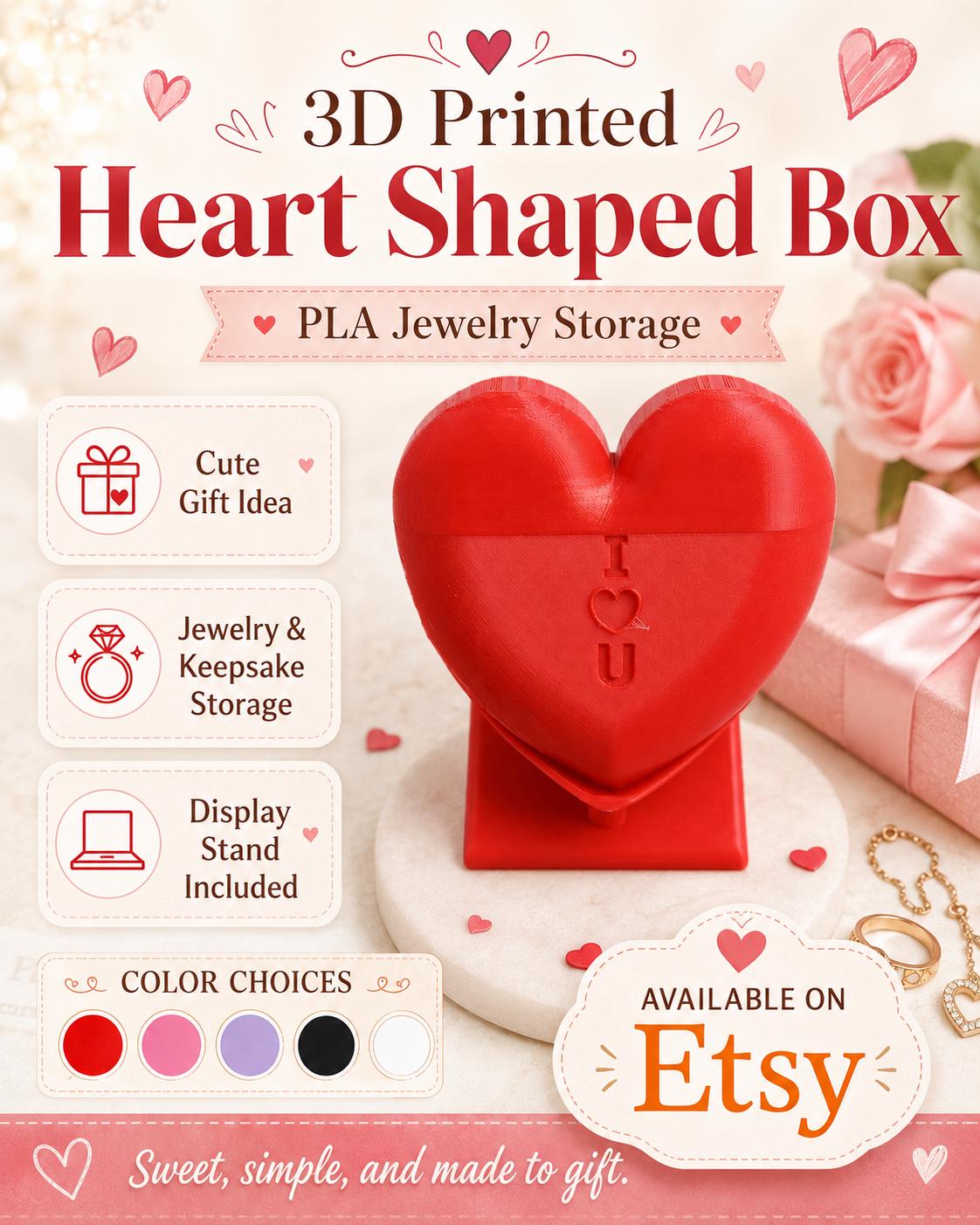 3D Printed Heart Shaped Box with Stand: PLA Jewelry Storage