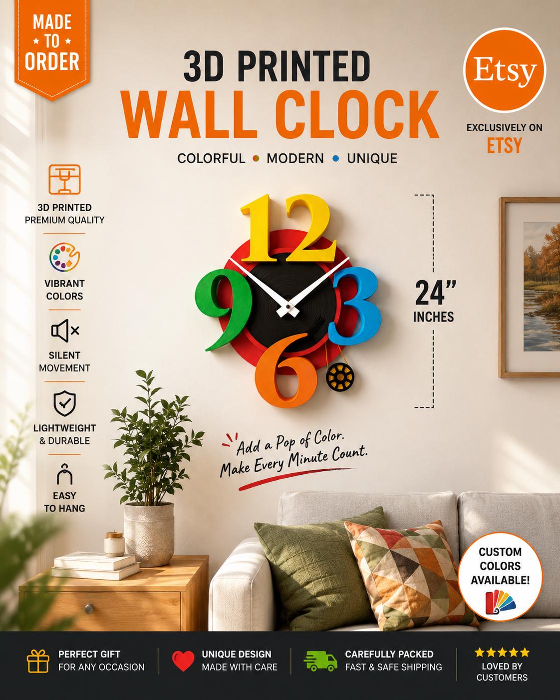3D Printed Oversized Number Wall Clock – Modern Colorful Home Decor
