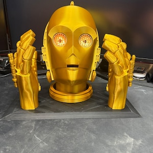 C-3PO Head and Hands - 3D Printed - Light Up Eyes, Programable Sounds, Remote - Star Wars Fan Art - Black Base Included!