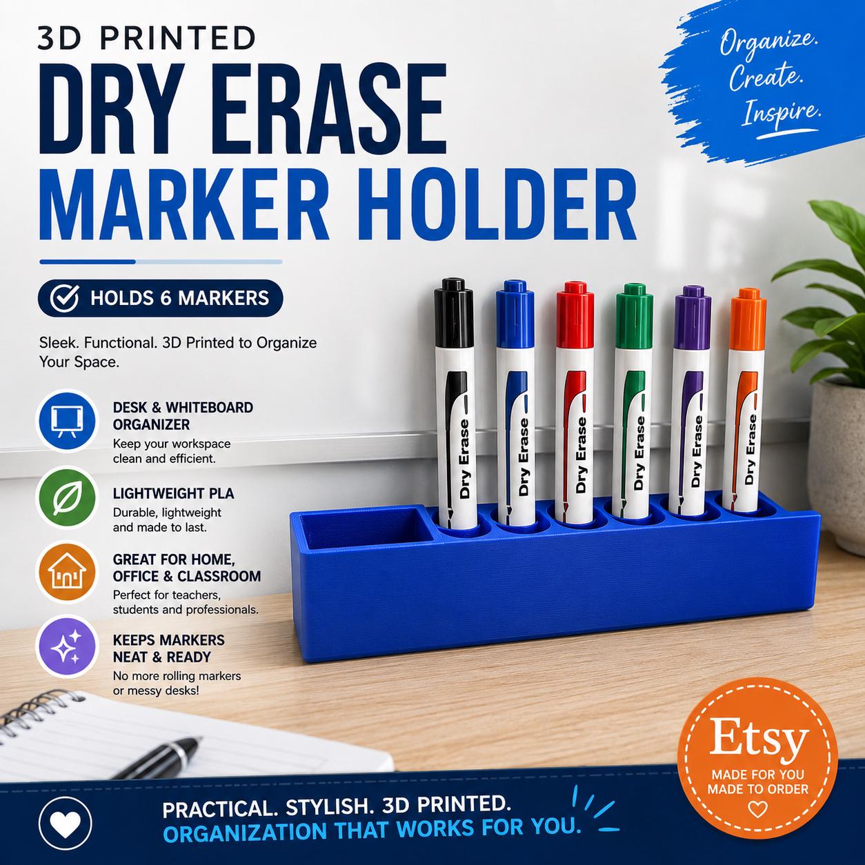 3D Printed Dry Erase Marker Holder: Holds 6 Markers
