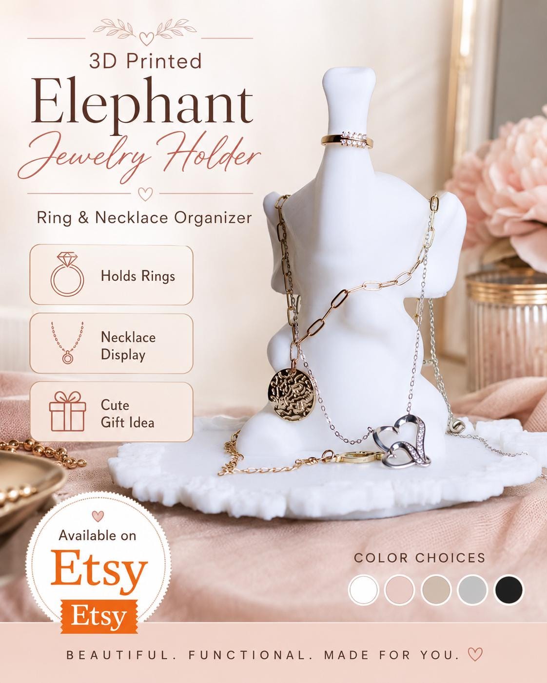 3D Printed Elephant Jewelry Holder: Ring & Necklace Organizer