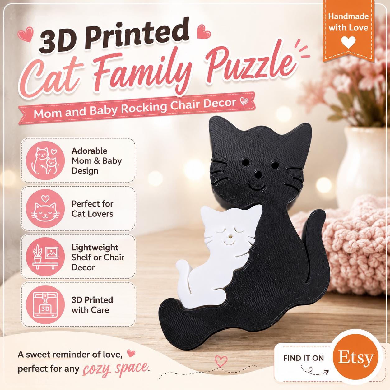 3D Printed Cat Family Puzzle: Mom and Baby Rocking Chair Decor