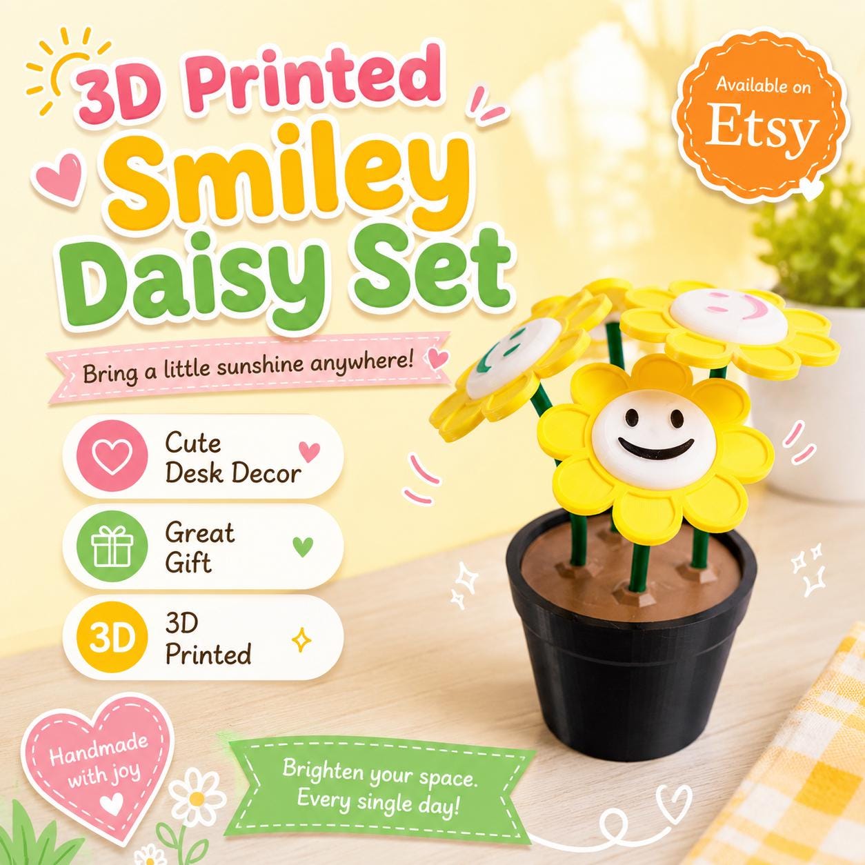 3D Printed Smiley Face Daisy Set: Custom Color Pot