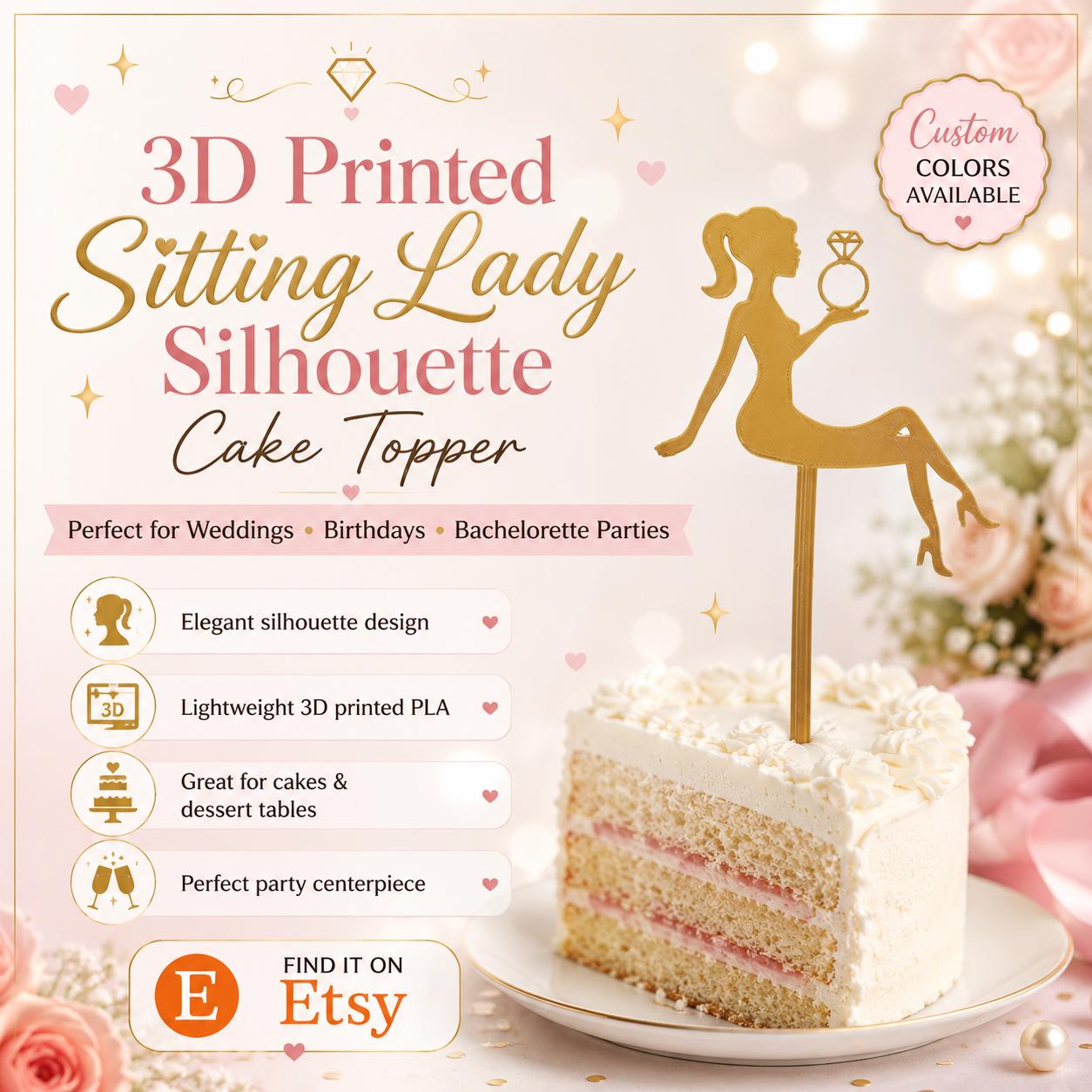 3D Printed Sitting Lady Silhouette With Diamond Cake Topper -  Weddings - Birthdays - Bachelorette
