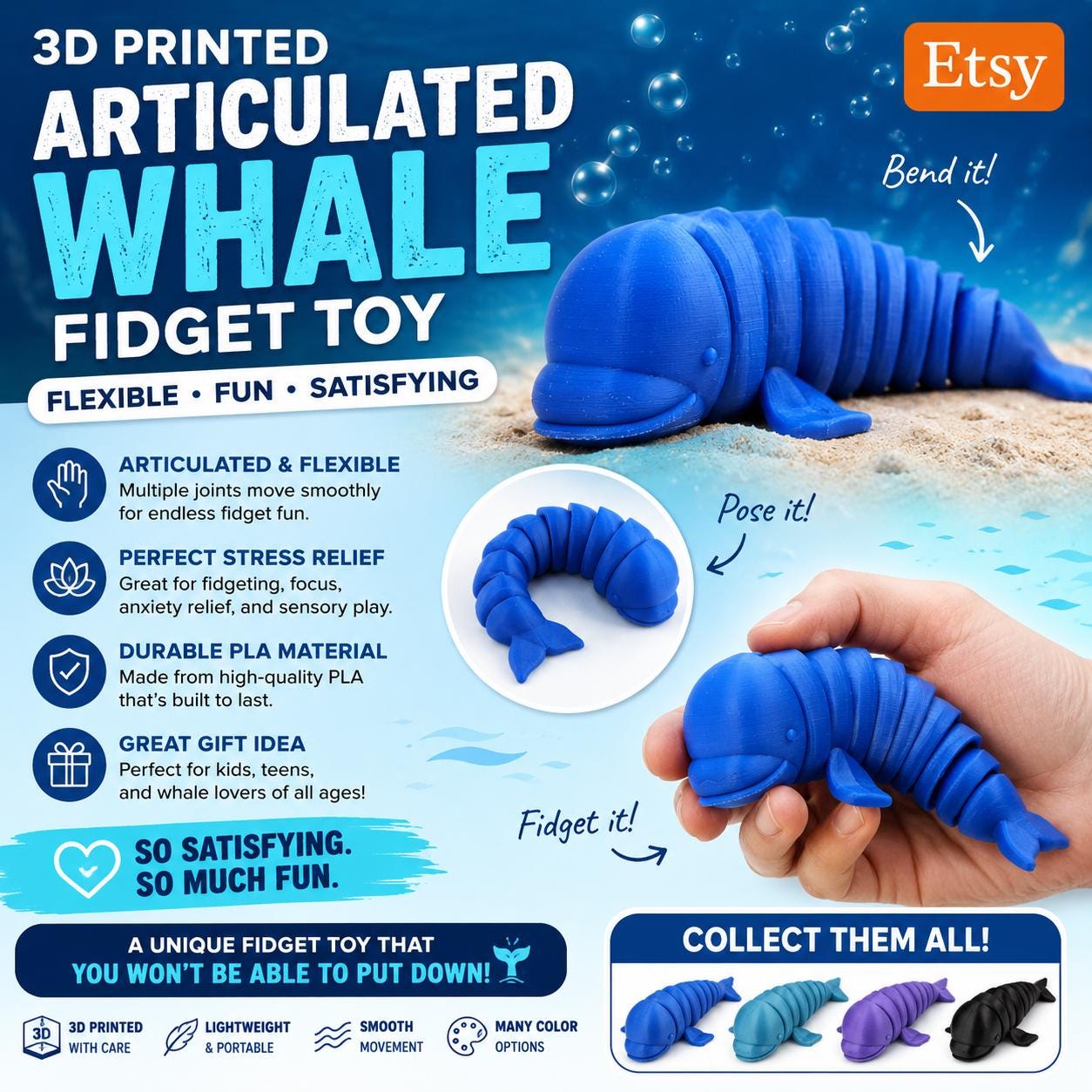 3D Printed Articulated Whale Fidget Toy - Flexible PLA Stim Toy