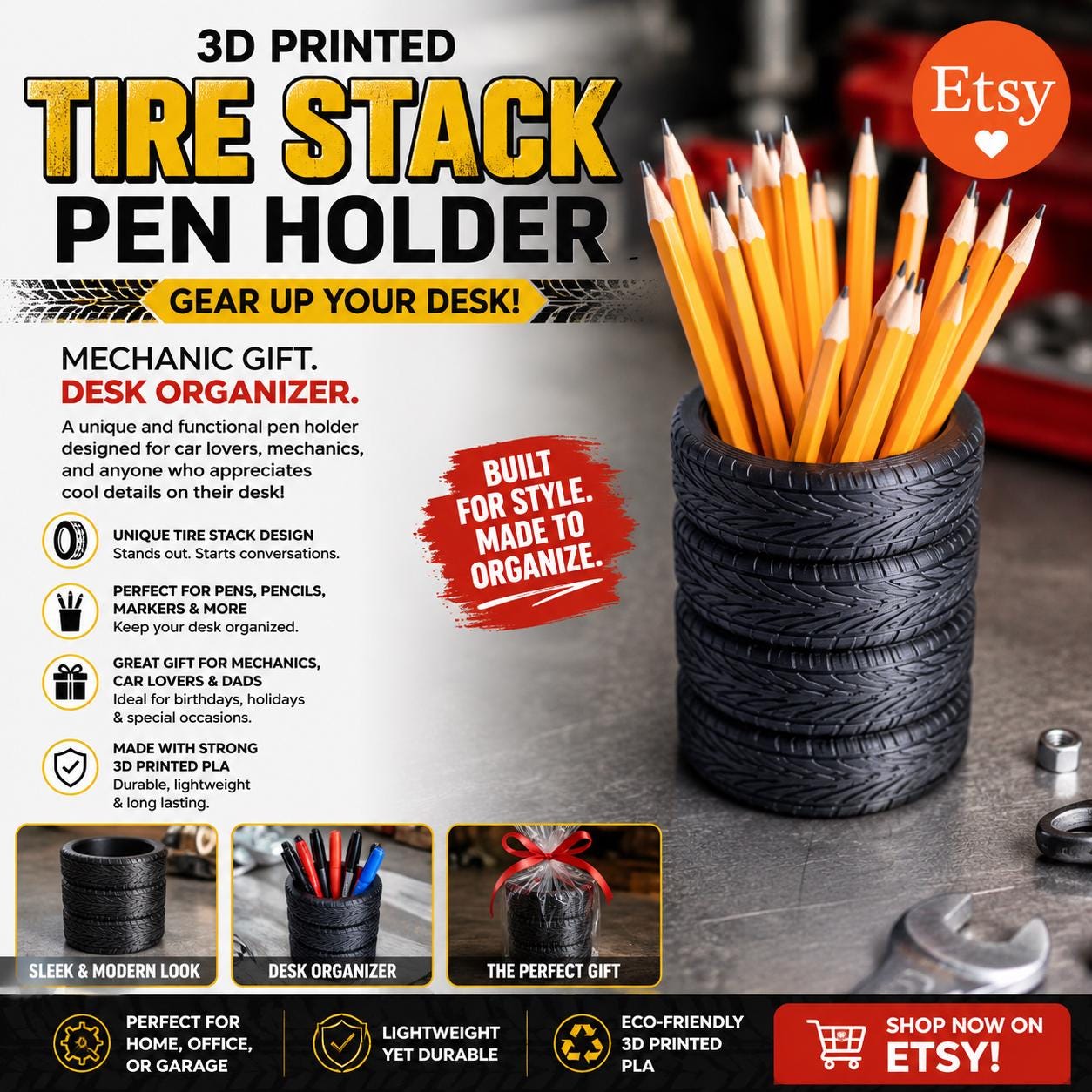 3D Printed Tire Stack Pen Holder: Mechanic Gift, Desk Organizer