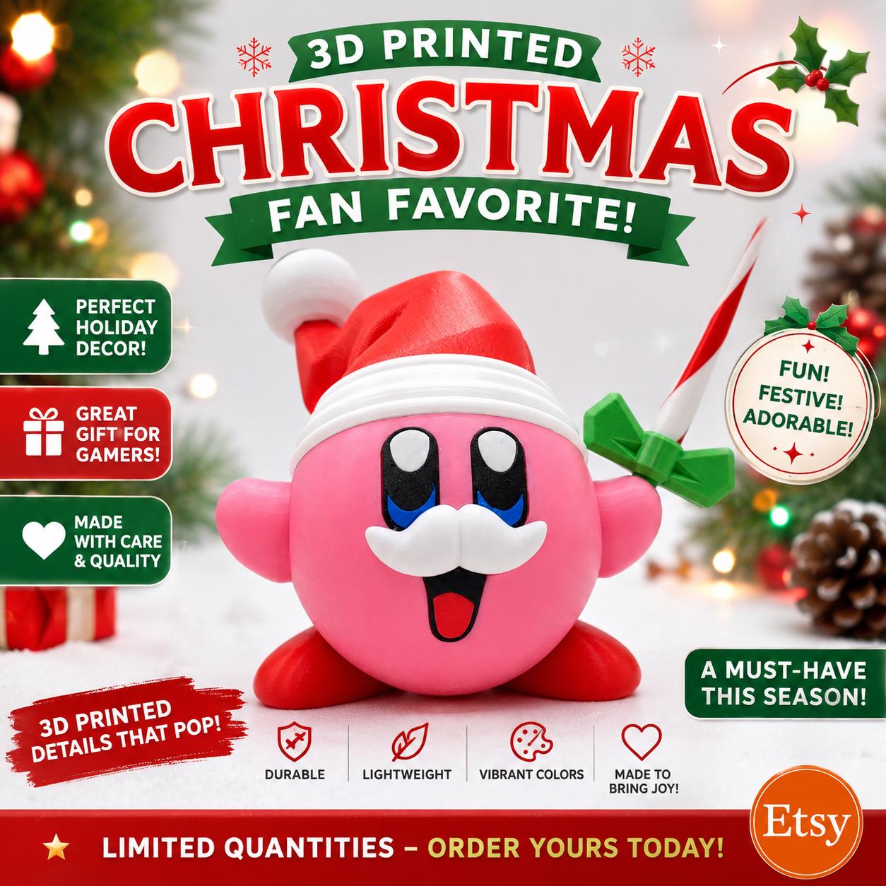 3D Printed Santa Kirby Figure - Nintendo Holiday Decor