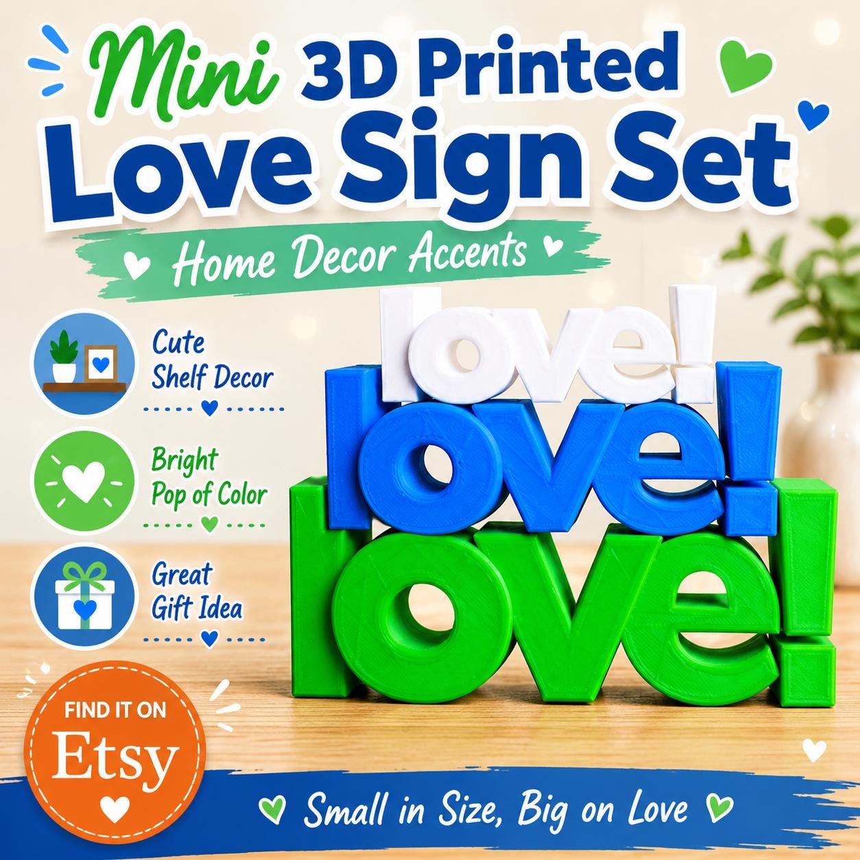 Mini 3D Printed Love Sign Set: Home Decor Accents