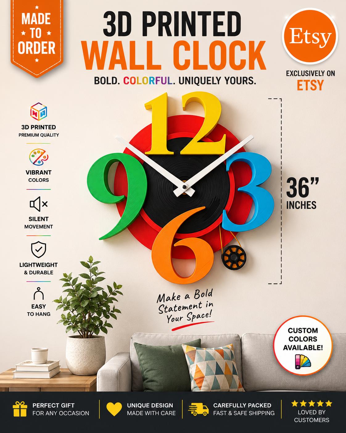 Fully Functional 3D Printed Big Number Clock: Colorful Modern Decor 36 inches