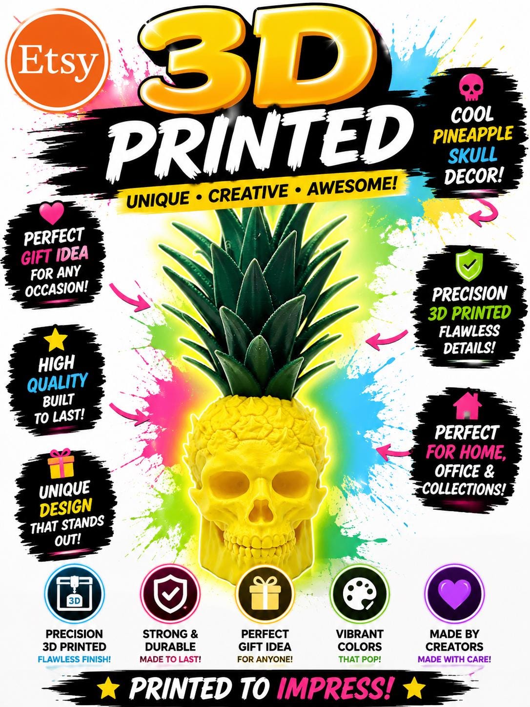 Pineapple Skull Decor - 3D Printed, Choose from many Colors