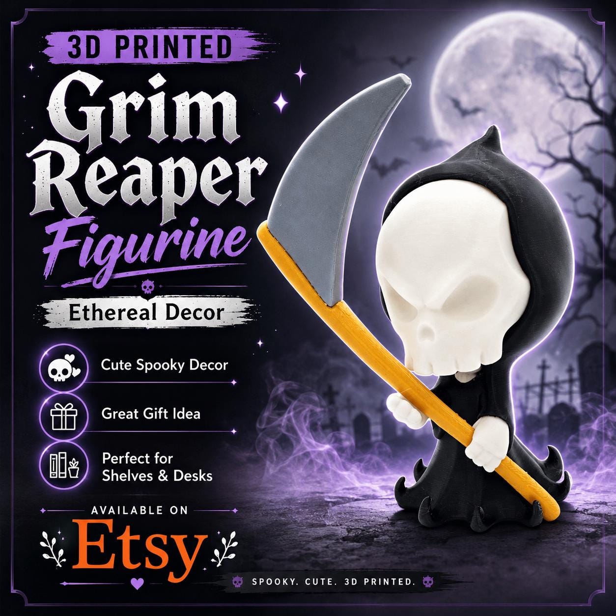 3D Printed Grim Reaper Figurine, Cute Spooky Halloween Decor, Gothic Shelf Decor, Ethereal Reaper Collectible Gift
