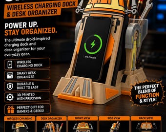 C1-10 Chopper draadloos oplaadstation en bureauorganizer – 3D-geprint op Star Wars geïnspireerd dock