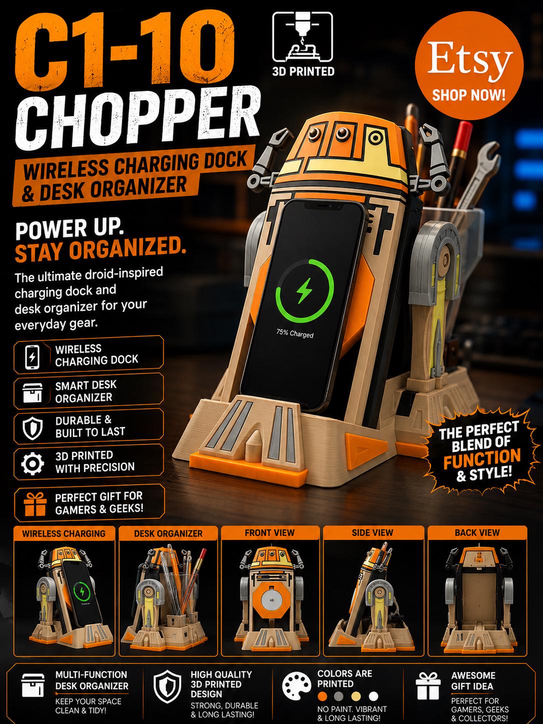 C1-10 Chopper Wireless Charging Dock & Desk Organizer – 3D Printed Star Wars Inspired Dock