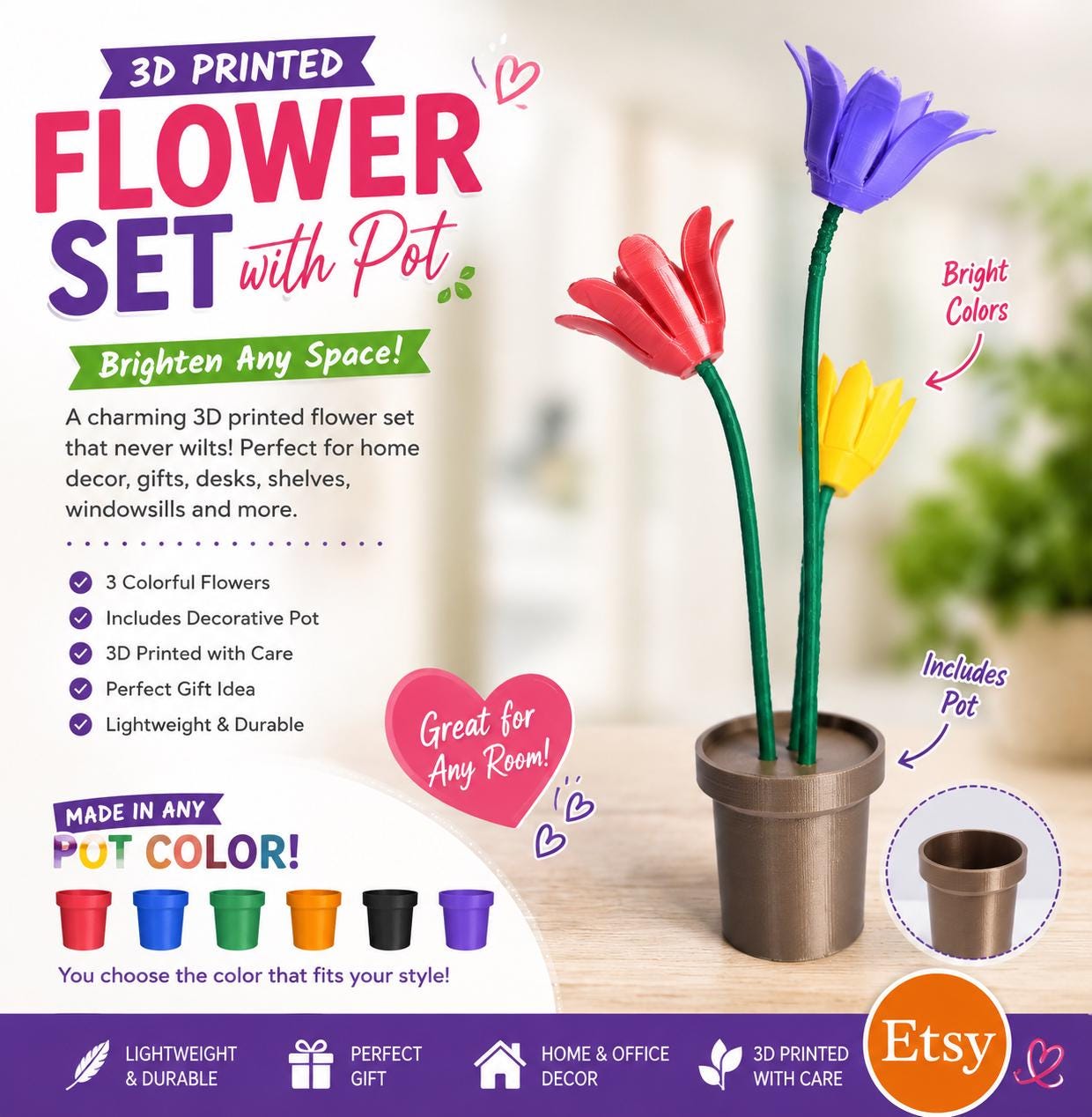 3D Printed Flower Set with Pot: Custom Color Choice