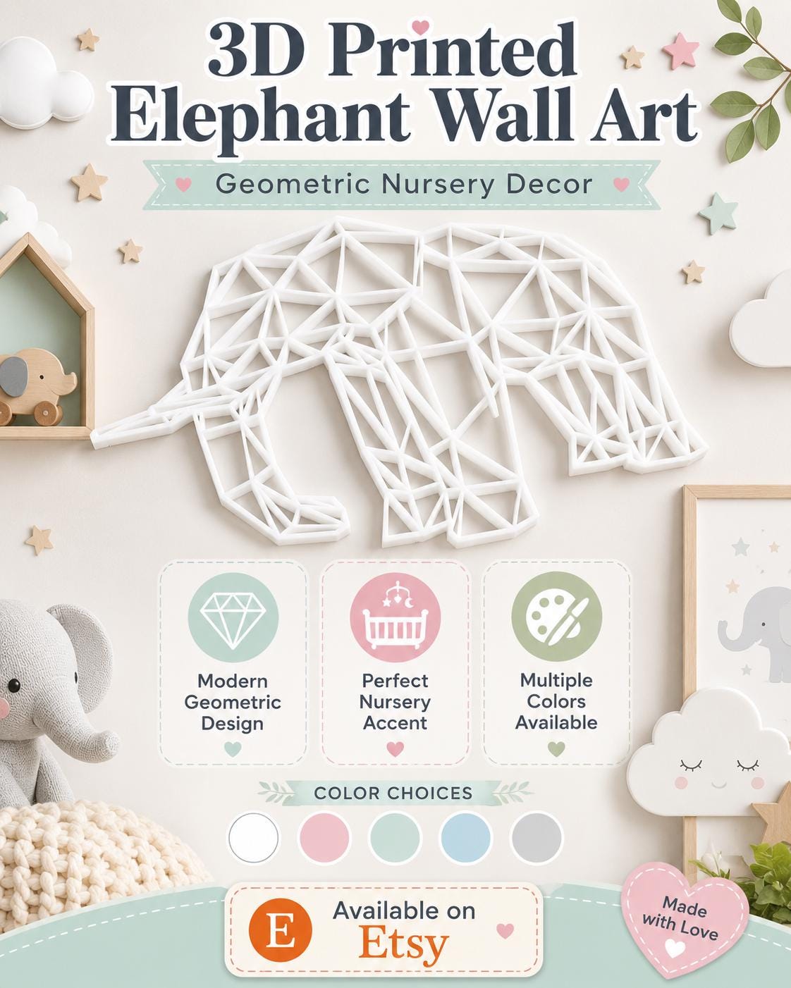 3D Printed Elephant Wall Art: Geometric Nursery Decor