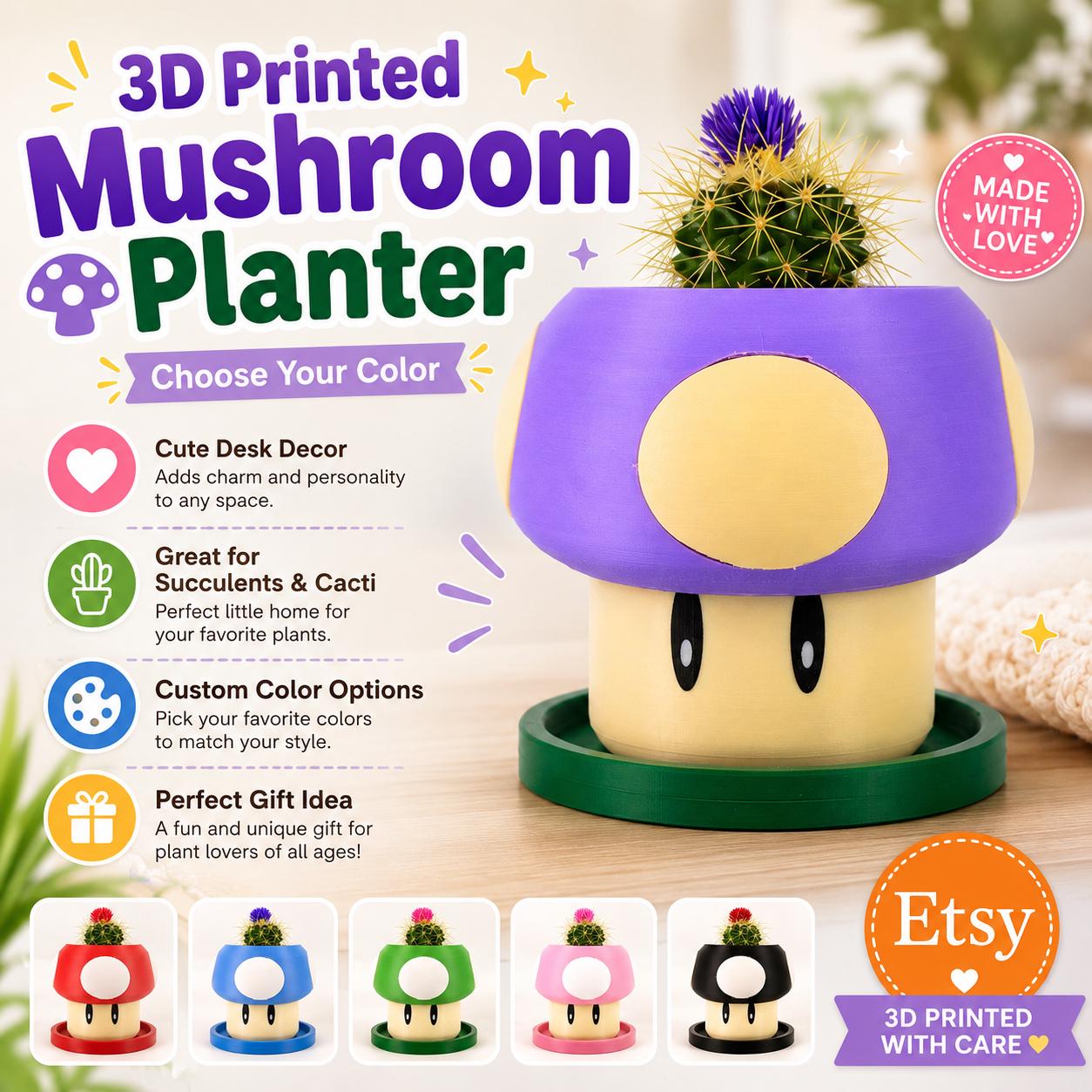 3D Printed Mario Mushroom Planter: Choose Your Color