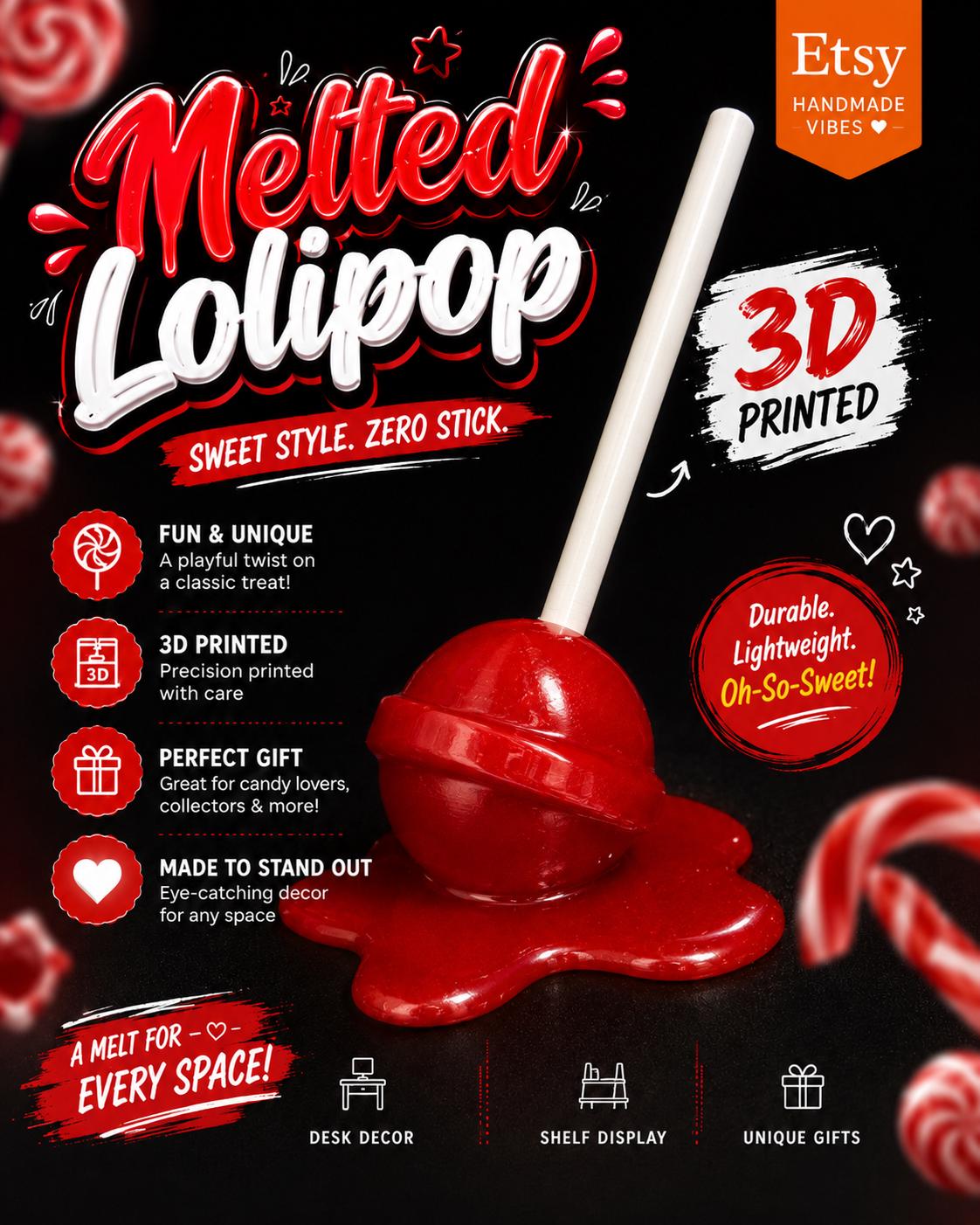3D Printed Melting Lollipop Sculpture: Choose Size & Color